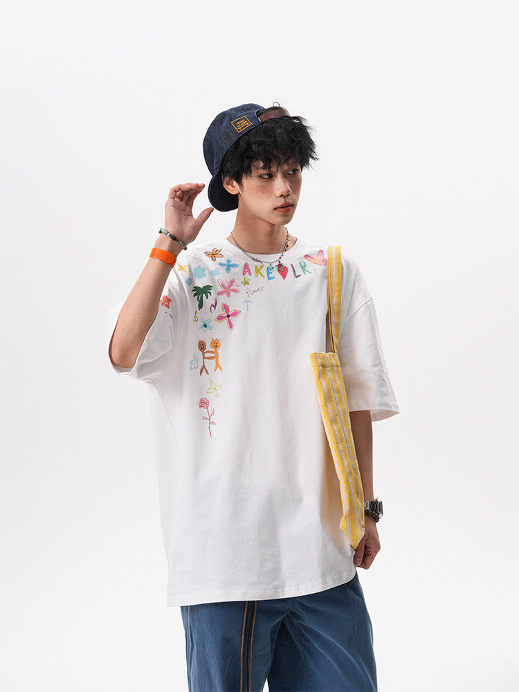 American-style hand-painted graffiti short-sleeved T-shirt for men and women, new summer 2025, trendy design, loose fit, couple T-shirt.