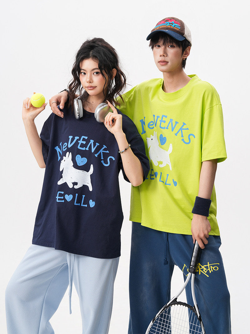 Summer New Fun Puppy Print Short-Sleeve Men's Oversized Loose T-Shirt with Youthful Style, Couple Short-Sleeve Top