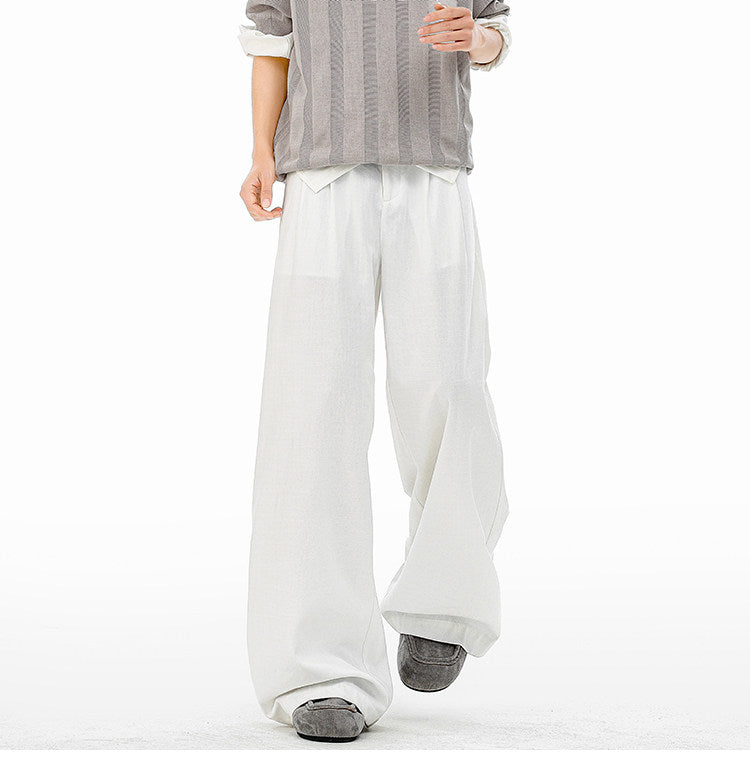 American-style bamboo-patterned pleated casual trousers for men, new summer style, loose fit, flowing drape, simple silhouette, wide-leg trousers.