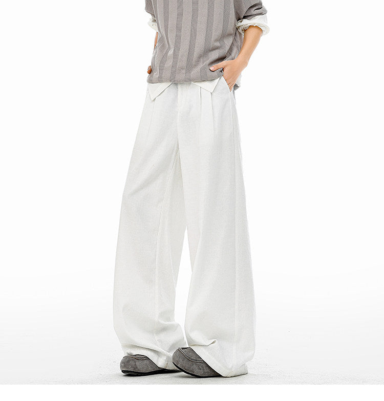 American-style bamboo-patterned pleated casual trousers for men, new summer style, loose fit, flowing drape, simple silhouette, wide-leg trousers.
