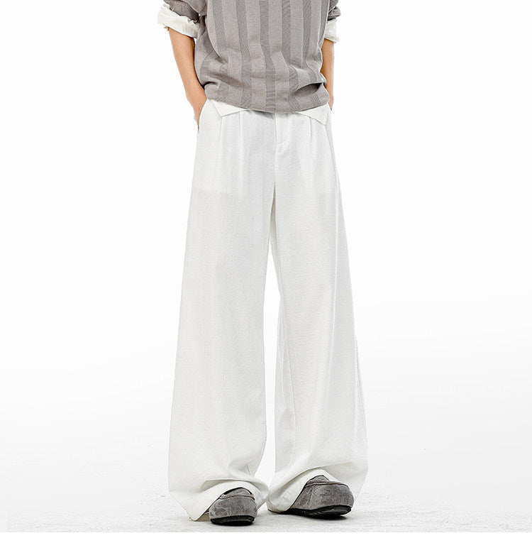 American-style bamboo-patterned pleated casual trousers for men, new summer style, loose fit, flowing drape, simple silhouette, wide-leg trousers.