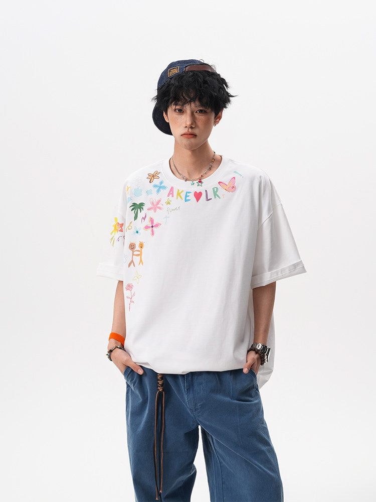 American-style hand-painted graffiti short-sleeved T-shirt for men and women, new summer 2025, trendy design, loose fit, couple T-shirt.
