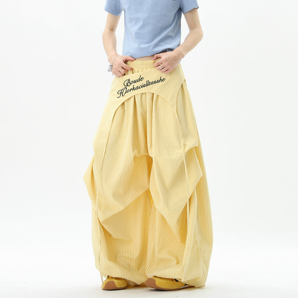 Stylish striped wide-leg trousers with lace-up details, unisex, perfect for summer hip-hop, street dance, and paratrousers. Loose, casual, floor-length trousers.