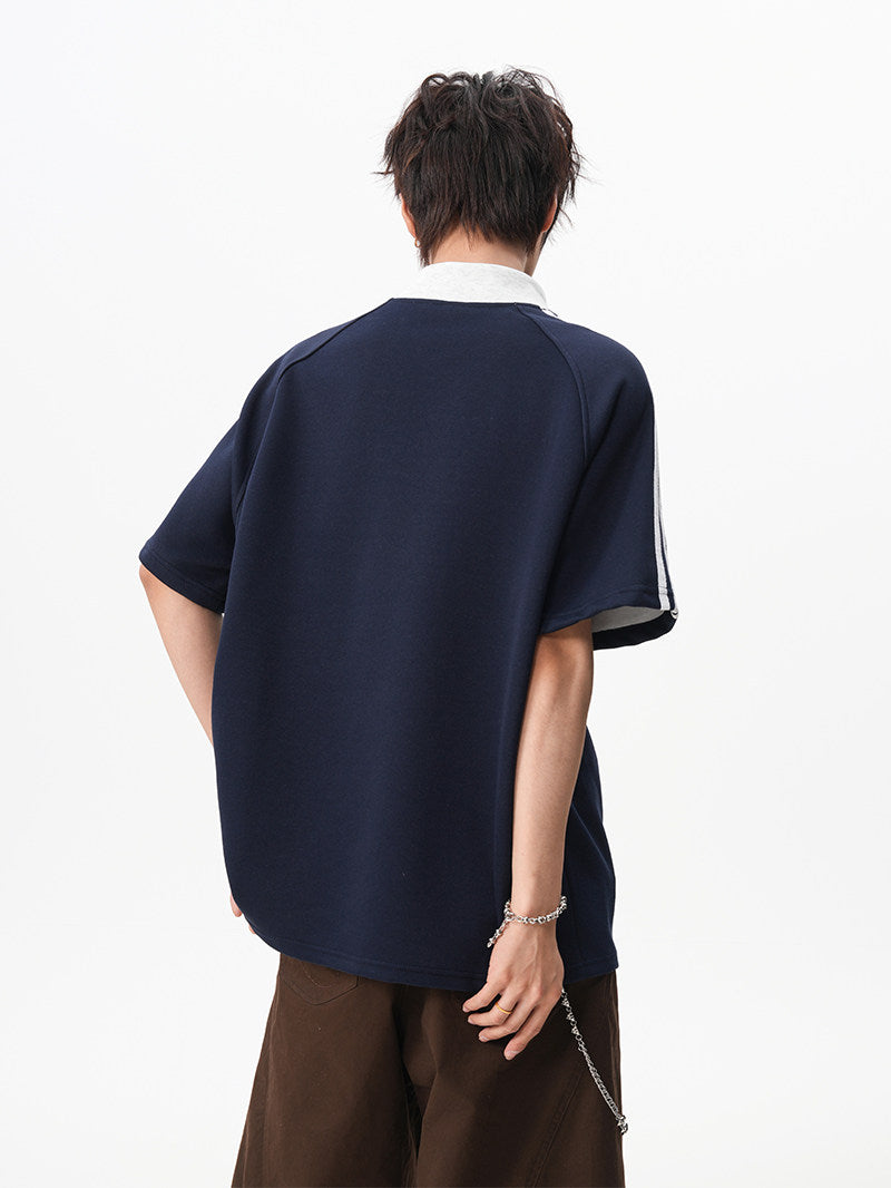 American retro three-stripe polo shirt, short-sleeved, unisex, summer preppy style, Henley collar T-shirt, youthful, three-quarter sleeve.