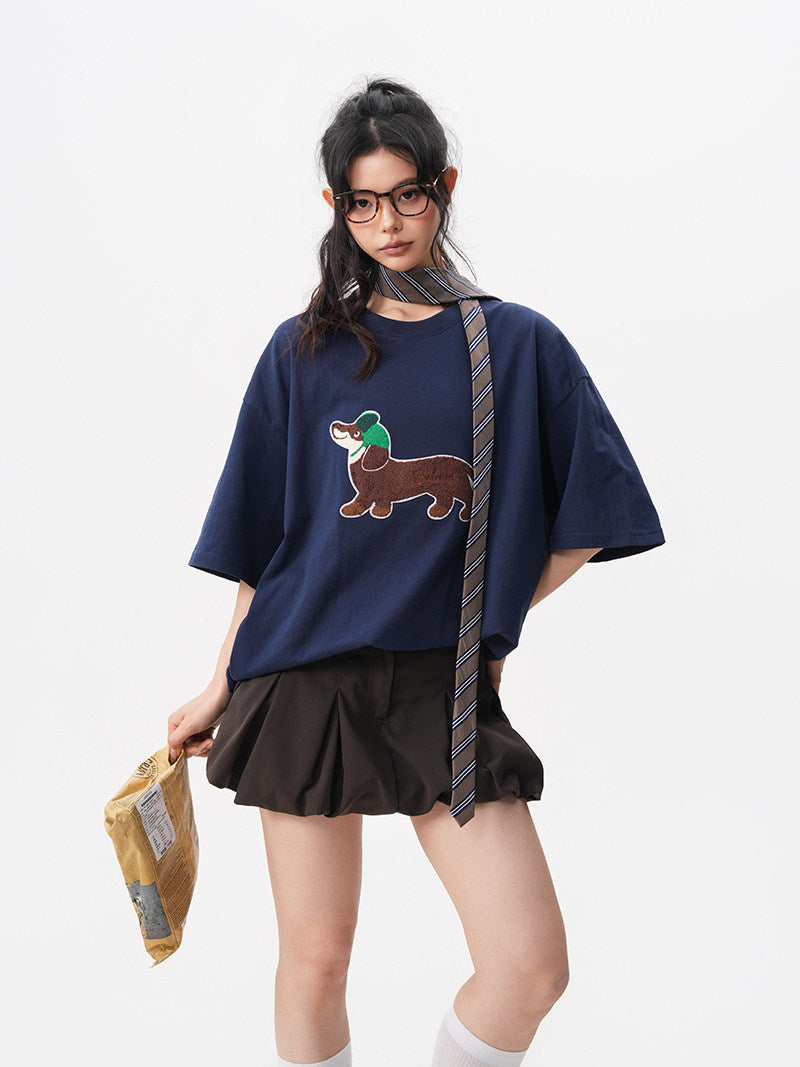 American-style dachshund patch embroidered round neck short-sleeved men's summer new preppy style loose T-shirt casual couple short-sleeved shirt