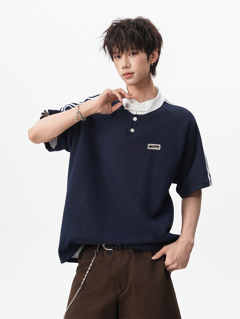 American retro three-stripe polo shirt, short-sleeved, unisex, summer preppy style, Henley collar T-shirt, youthful, three-quarter sleeve.