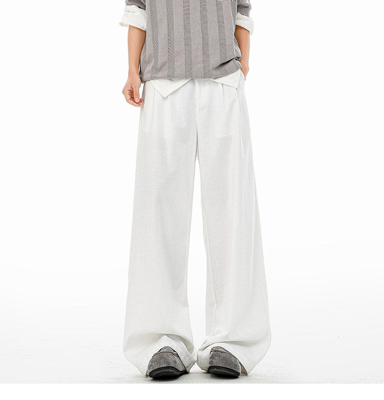 American-style bamboo-patterned pleated casual trousers for men, new summer style, loose fit, flowing drape, simple silhouette, wide-leg trousers.