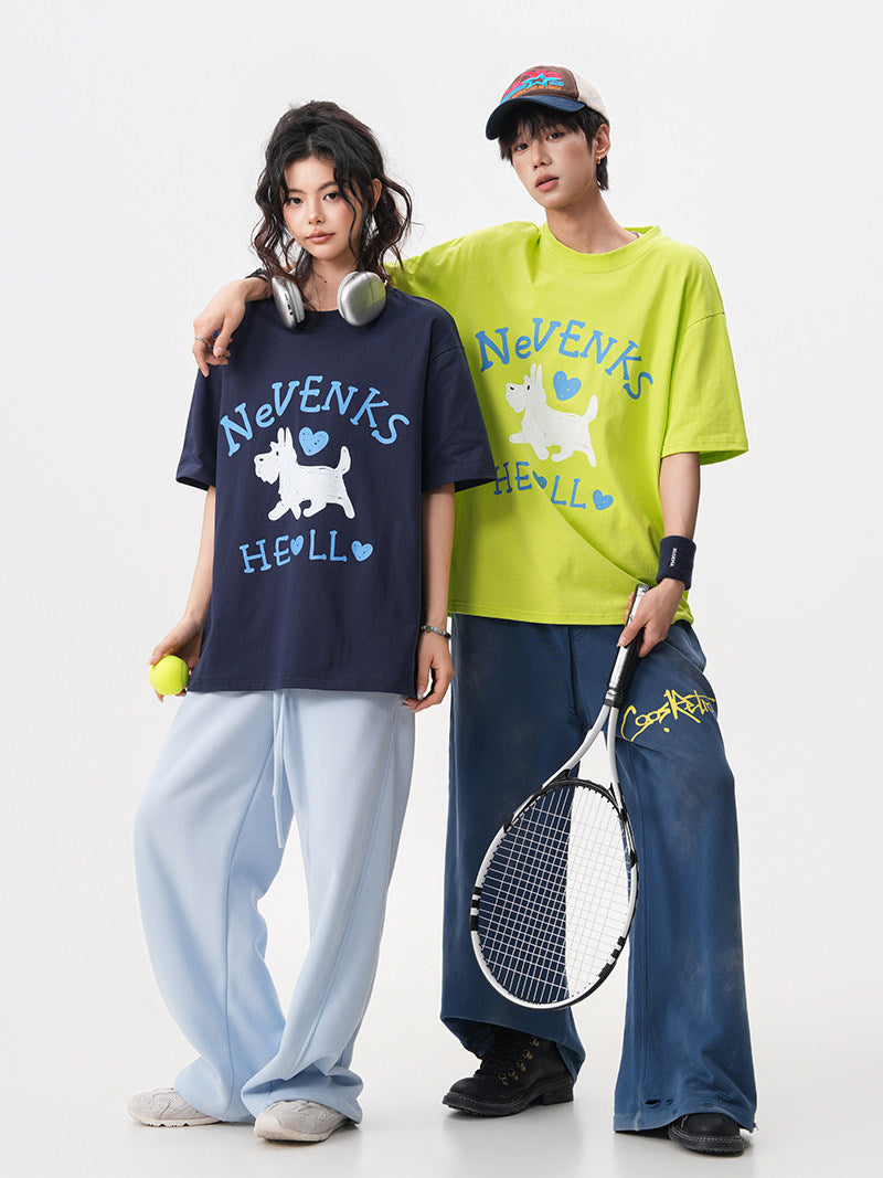 Summer New Fun Puppy Print Short-Sleeve Men's Oversized Loose T-Shirt with Youthful Style, Couple Short-Sleeve Top