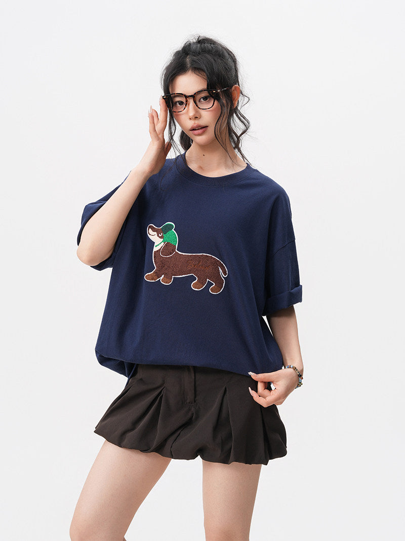 American-style dachshund patch embroidered round neck short-sleeved men's summer new preppy style loose T-shirt casual couple short-sleeved shirt