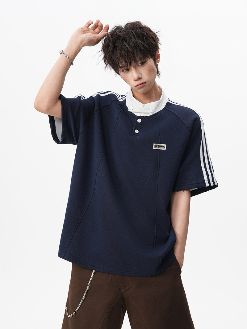 American retro three-stripe polo shirt, short-sleeved, unisex, summer preppy style, Henley collar T-shirt, youthful, three-quarter sleeve.