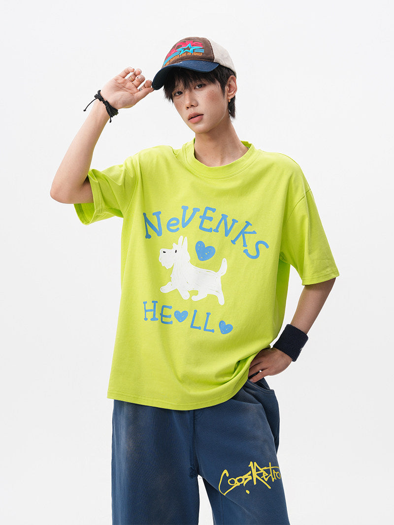 Summer New Fun Puppy Print Short-Sleeve Men's Oversized Loose T-Shirt with Youthful Style, Couple Short-Sleeve Top