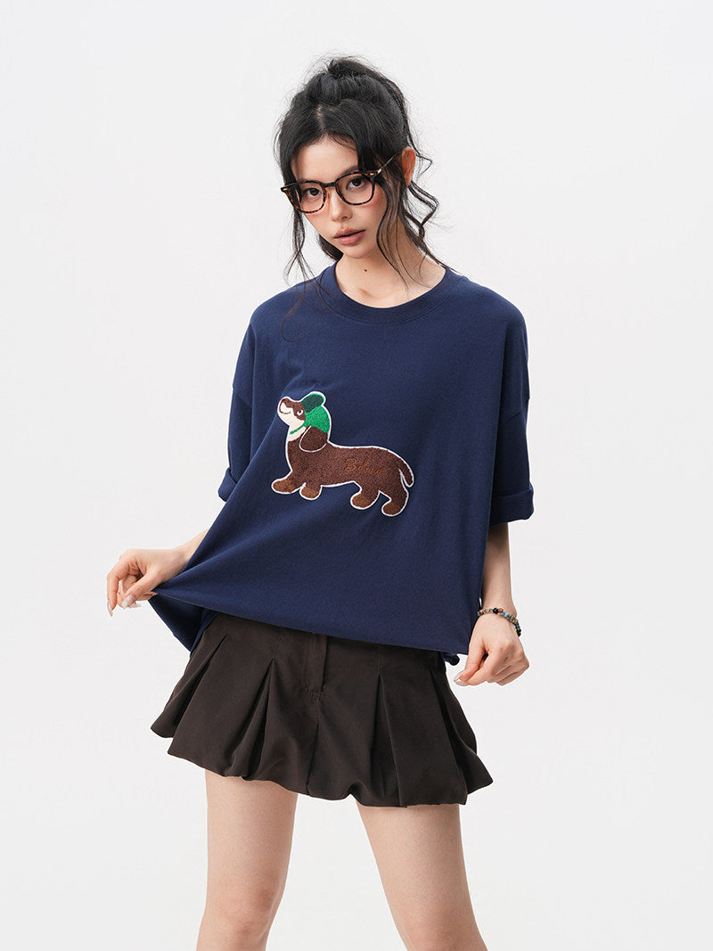 American-style dachshund patch embroidered round neck short-sleeved men's summer new preppy style loose T-shirt casual couple short-sleeved shirt