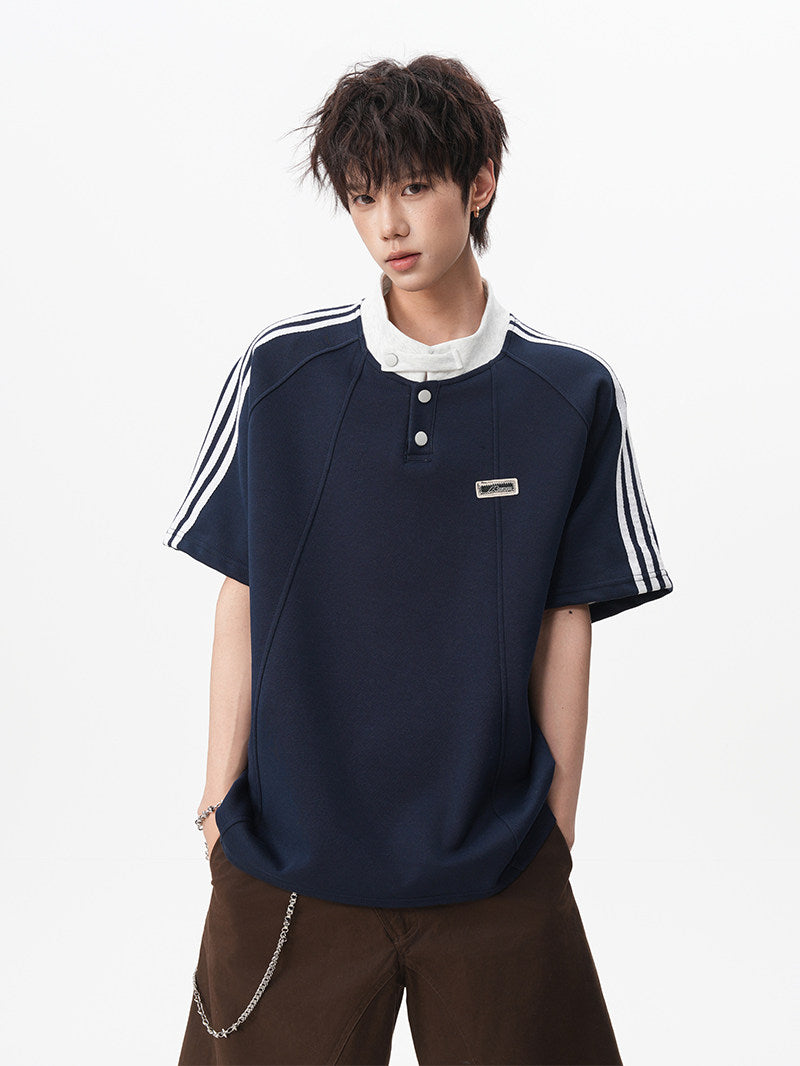 American retro three-stripe polo shirt, short-sleeved, unisex, summer preppy style, Henley collar T-shirt, youthful, three-quarter sleeve.