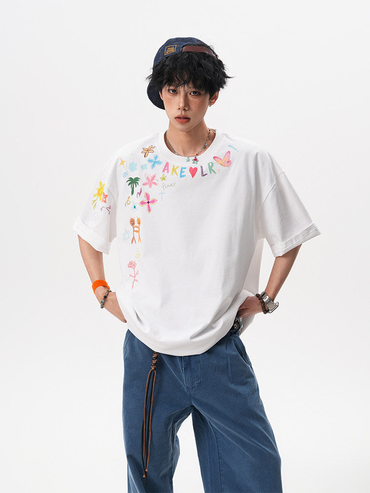American-style hand-painted graffiti short-sleeved T-shirt for men and women, new summer 2025, trendy design, loose fit, couple T-shirt.