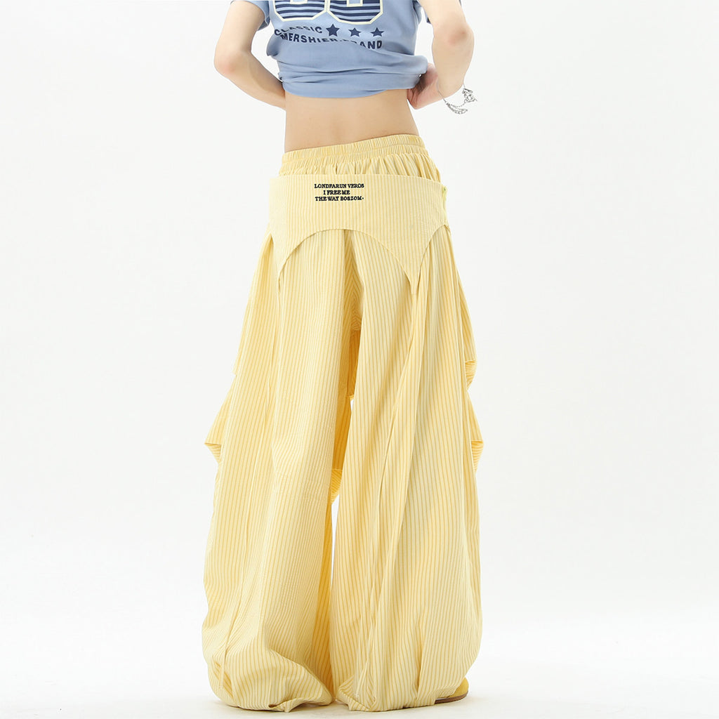 Stylish striped wide-leg trousers with lace-up details, unisex, perfect for summer hip-hop, street dance, and paratrousers. Loose, casual, floor-length trousers.