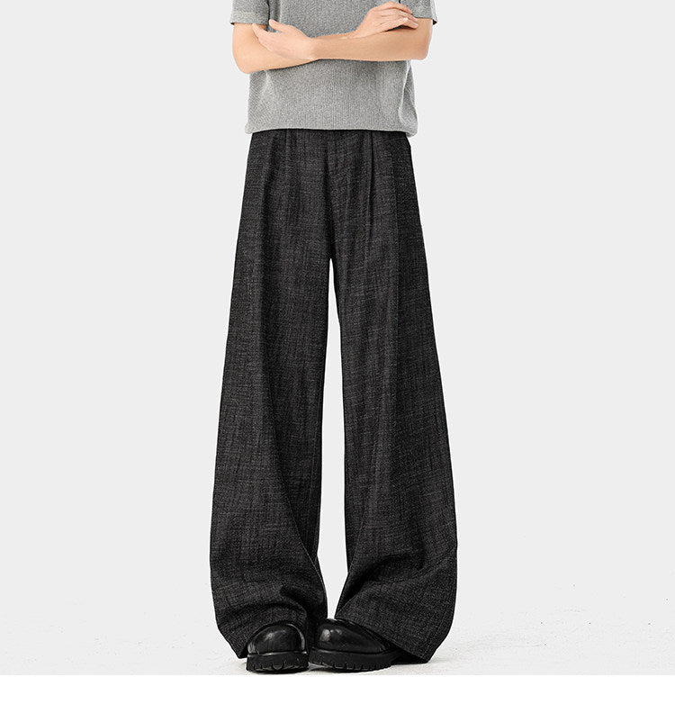 American-style bamboo-patterned pleated casual trousers for men, new summer style, loose fit, flowing drape, simple silhouette, wide-leg trousers.