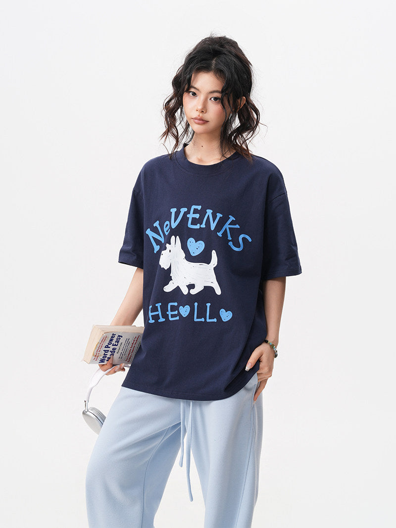 Summer New Fun Puppy Print Short-Sleeve Men's Oversized Loose T-Shirt with Youthful Style, Couple Short-Sleeve Top