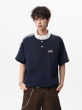 American retro three-stripe polo shirt, short-sleeved, unisex, summer preppy style, Henley collar T-shirt, youthful, three-quarter sleeve.