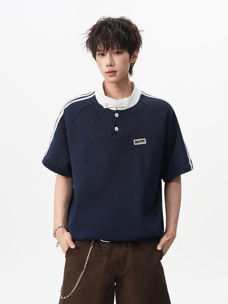 American retro three-stripe polo shirt, short-sleeved, unisex, summer preppy style, Henley collar T-shirt, youthful, three-quarter sleeve.
