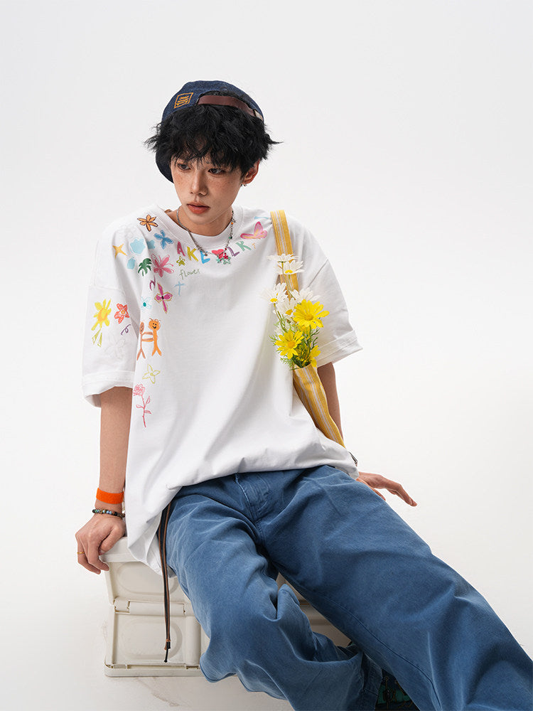 American-style hand-painted graffiti short-sleeved T-shirt for men and women, new summer 2025, trendy design, loose fit, couple T-shirt.