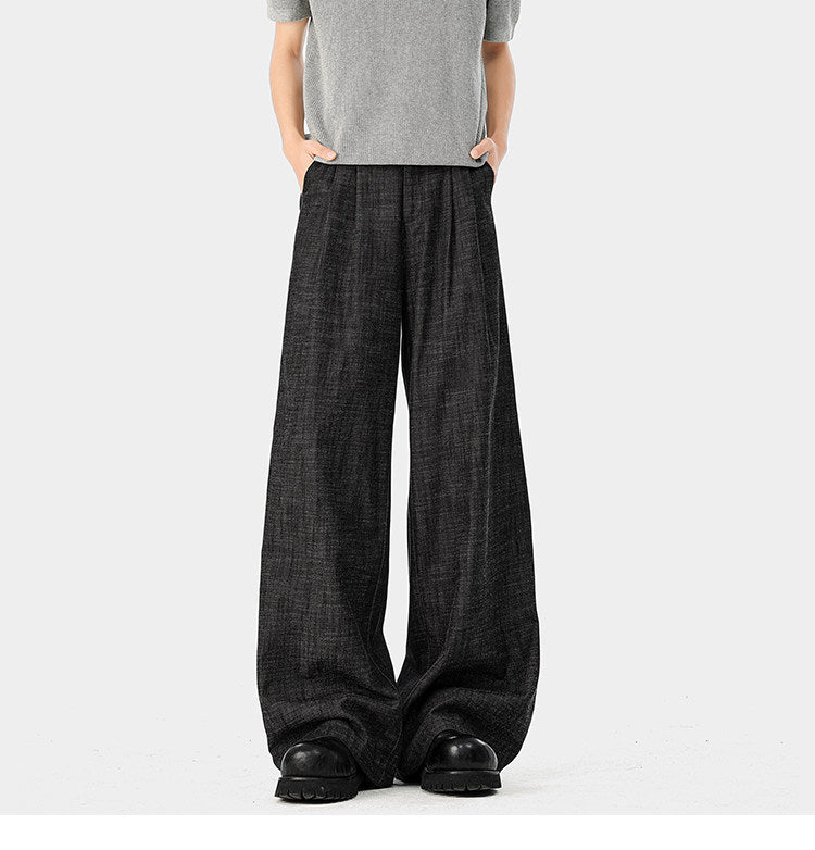 American-style bamboo-patterned pleated casual trousers for men, new summer style, loose fit, flowing drape, simple silhouette, wide-leg trousers.