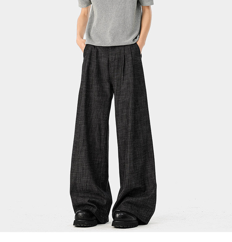 American-style bamboo-patterned pleated casual trousers for men, new summer style, loose fit, flowing drape, simple silhouette, wide-leg trousers.