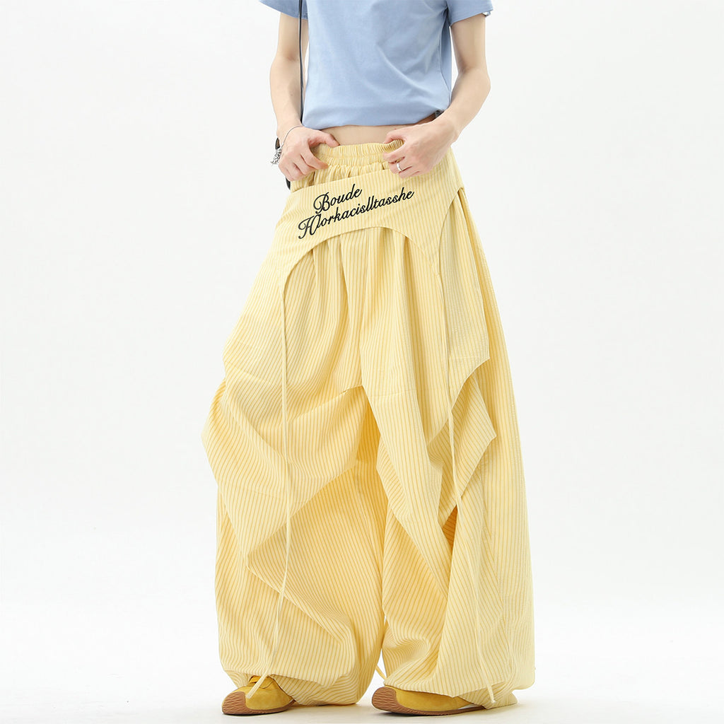 Stylish striped wide-leg trousers with lace-up details, unisex, perfect for summer hip-hop, street dance, and paratrousers. Loose, casual, floor-length trousers.