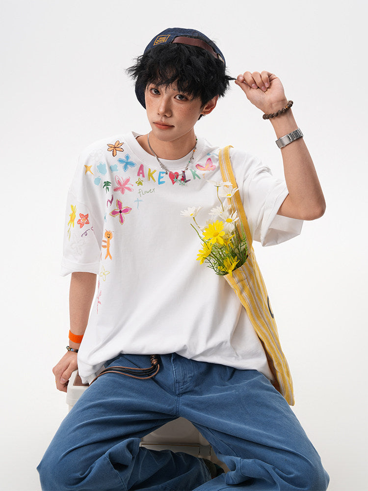 American-style hand-painted graffiti short-sleeved T-shirt for men and women, new summer 2025, trendy design, loose fit, couple T-shirt.