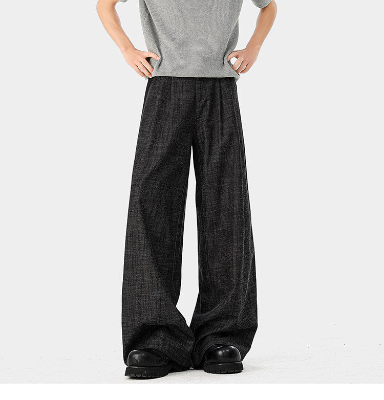 American-style bamboo-patterned pleated casual trousers for men, new summer style, loose fit, flowing drape, simple silhouette, wide-leg trousers.