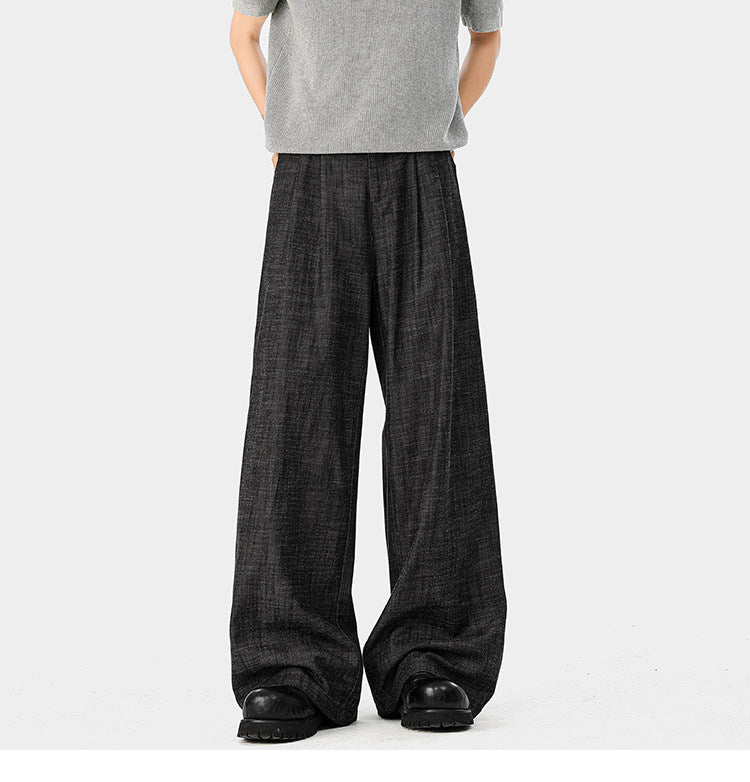 American-style bamboo-patterned pleated casual trousers for men, new summer style, loose fit, flowing drape, simple silhouette, wide-leg trousers.