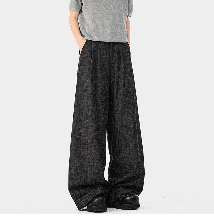 American-style bamboo-patterned pleated casual trousers for men, new summer style, loose fit, flowing drape, simple silhouette, wide-leg trousers.